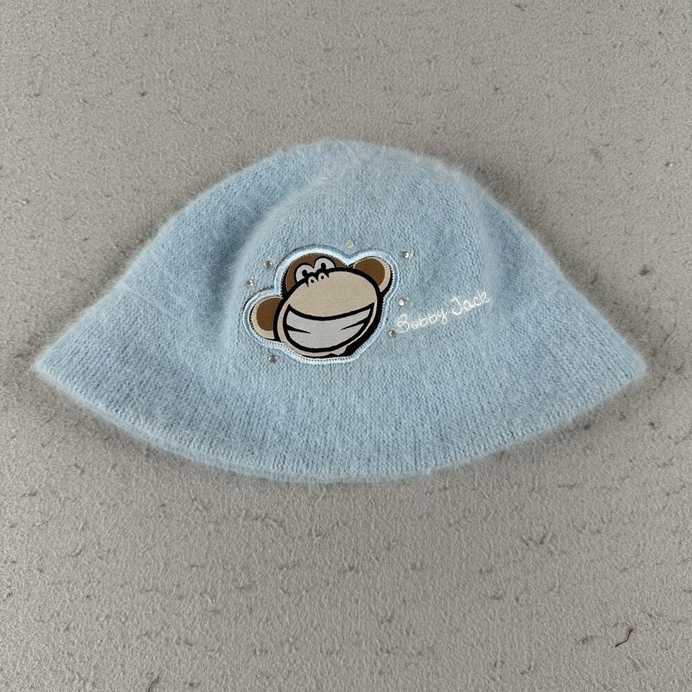 Y2K Bobby Jack Girls‎ Fuzzy Angora Beanie Hat Blue Monkey Embroidered Knit Retro